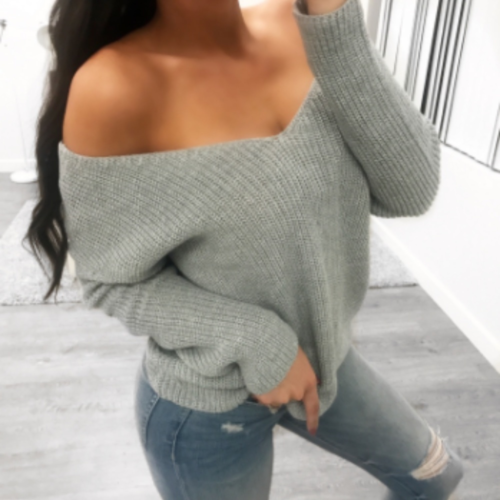 grey  knitted wrapped  fall sweater